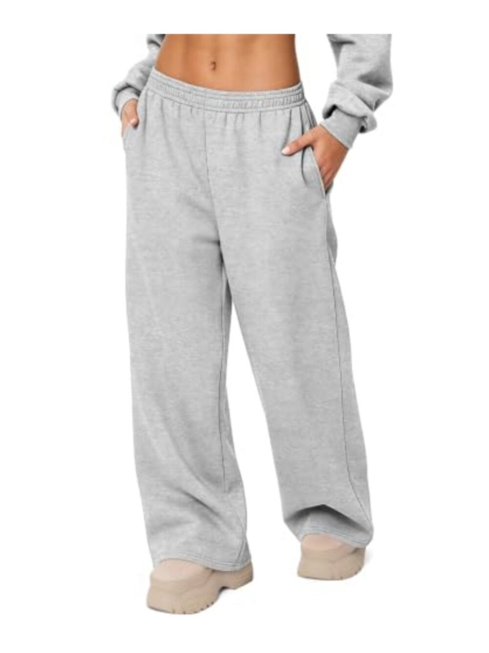 Womens Fleece Lined Sweatpants Wide Leg Mid Rise Joggers with Pockets